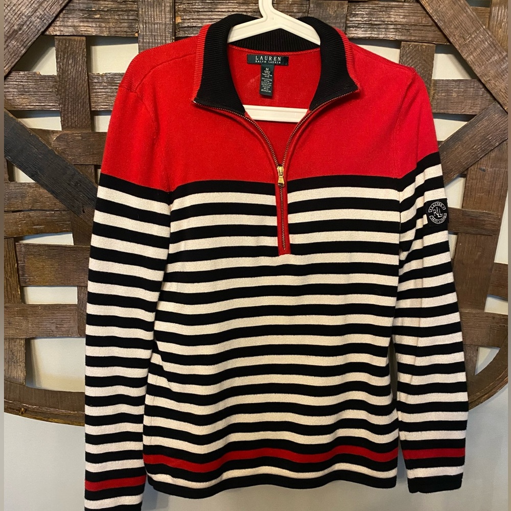 Zip up sweater. Black, red, and cream. Ralph Lauren. Great condition.
